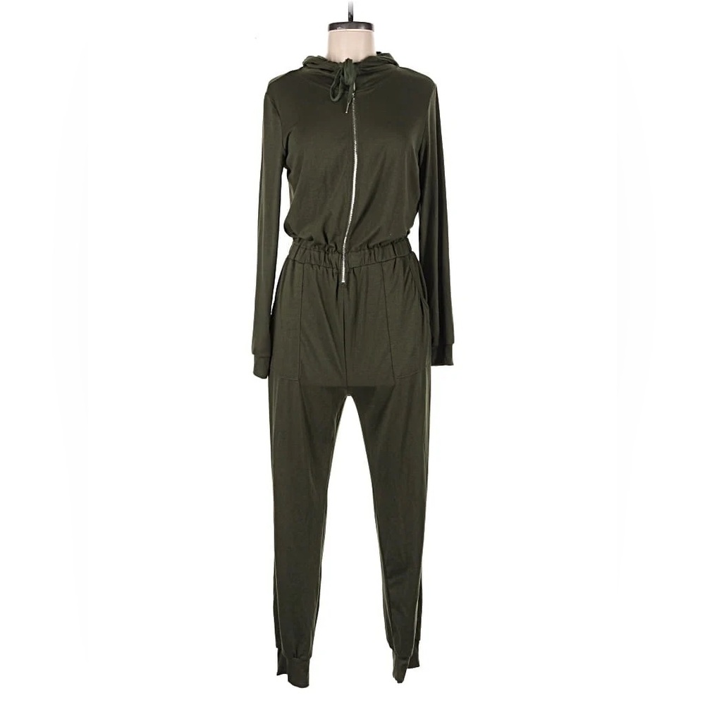 Women’s Olive Green Hooded Zip Front Jumpsuit Lounge Jogger Romper Stretch